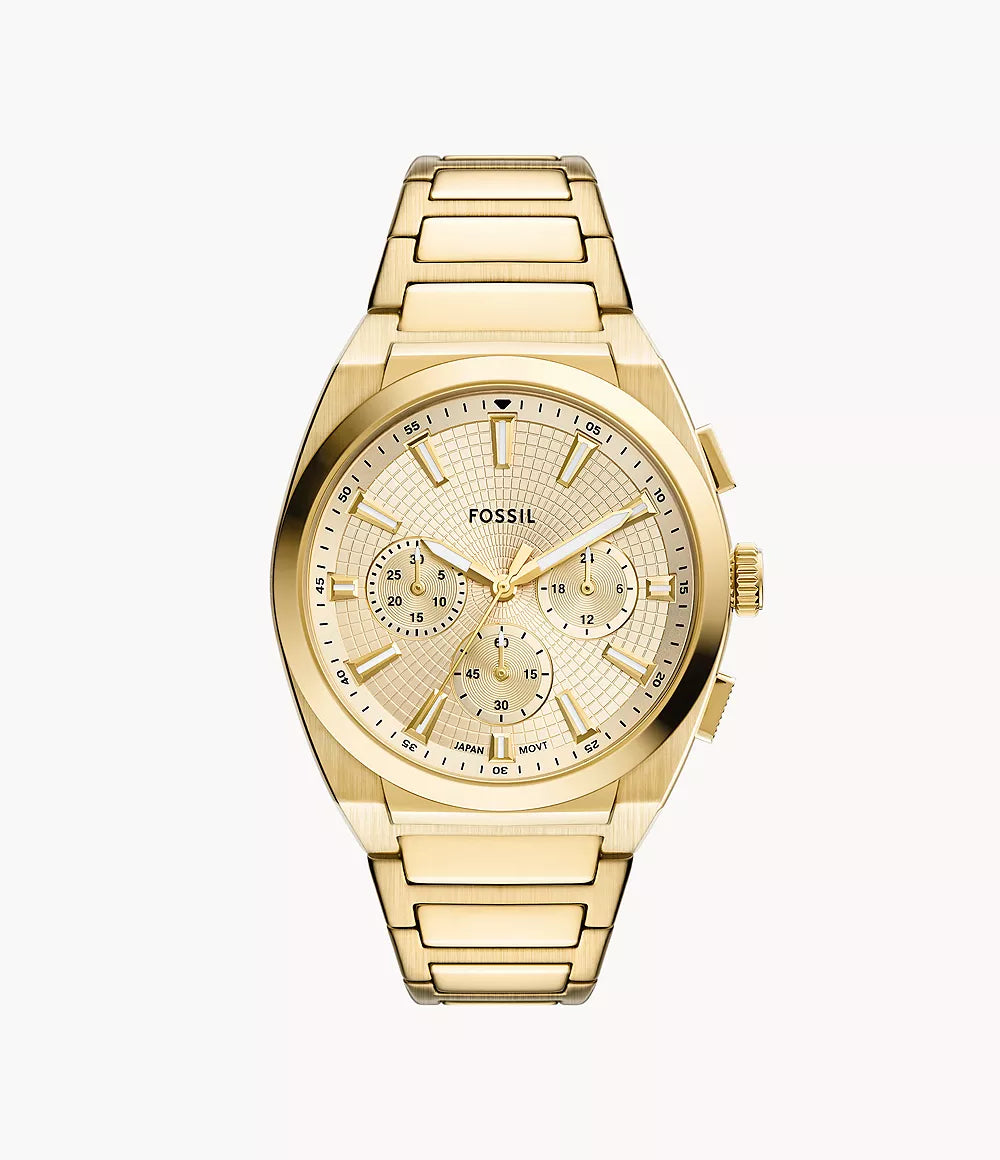 Fossil Everett Chronograph Herrenuhr Gold mit champagnerfarbenem Zifferblatt und Edelstahlarmband 44 mm 