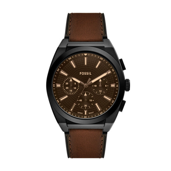 Fossil Everett Quarz Chronograph 44 mm Herrenuhr aus Lederband in Schwarz/Braun - FS6108