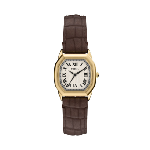 Fossil Harlow Quarz 27 MM Damenuhr in Gold Creme Braun, Lederband - ES5426