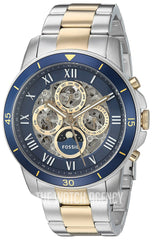 Fossil ME3141 Herren Automatikuhr Grant Sport Skeleton Edelstahl Two Tone Blau Silber Gold 44mm