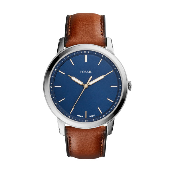 Fossil Minimalist Quarz 3-Zeiger 44 MM Herrenuhr in Blau/Braun aus Lederband - FS5304