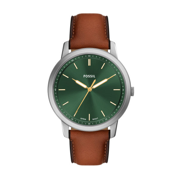 Fossil Minimalist Quarz 3-Zeiger 44 MM Herrenuhr in Grün/Braun aus Lederband - FS6094