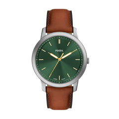 Fossil Minimalist Quarz 3-Zeiger 44 MM Herrenuhr in Grün/Braun aus Lederband - FS6094