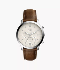 Fossil Neutra Chronograph Herrenuhr Silber mit cremefarbenem Zifferblatt und braunem Lederarmband 44 mm 