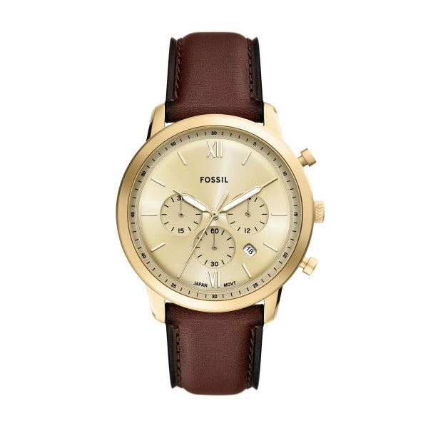 Fossil Neutra 44mm Leder Chronograph Herrenuhr in Gold, Braun - FS6113