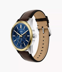 Fossil Pearson Multifunktion Herrenuhr Bicolor Gold/Silber mit blauem Zifferblatt und braunem Lederarmband 42 mm – FS6195