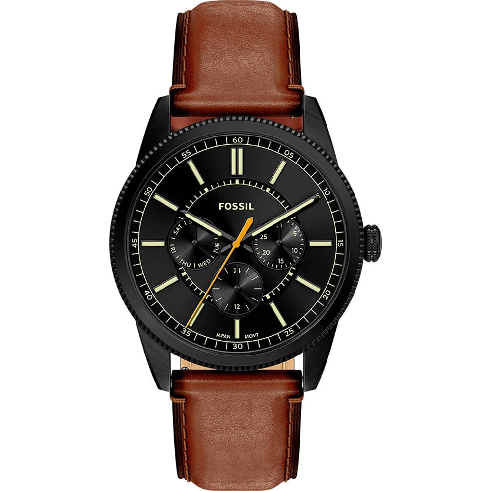 Fossil Pearson Multifunktion Herrenuhr Schwarz mit braunem Lederarmband 42 mm