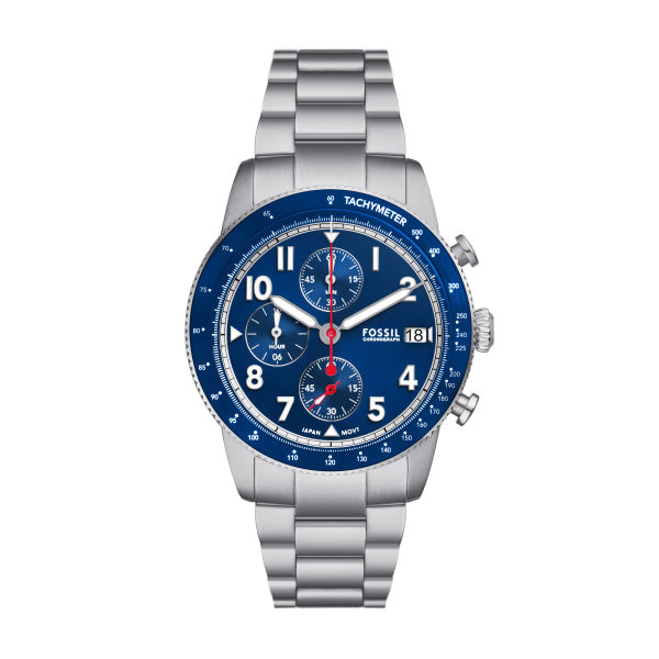 Fossil Sport Tourer Quarz Chronograph 42 mm Edelstahl Herrenuhr in Silber/Blau - FS6047