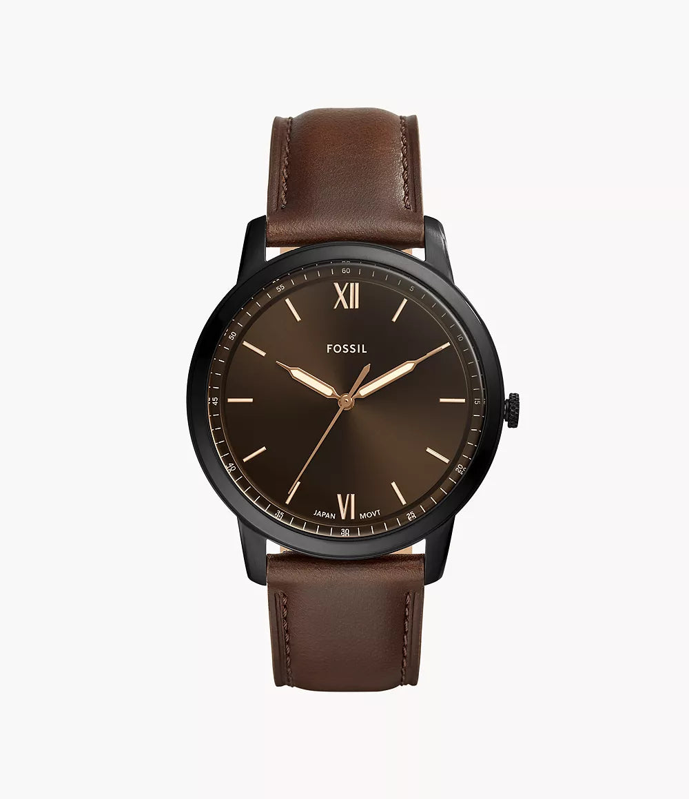 Fossil The Minimalist Herrenuhr Schwarz mit braunem Lederarmband 44 mm