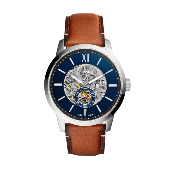 Fossil Townsman Automatik 48 MM Herrenuhr in Silber Blau, Lederband - ME3154
