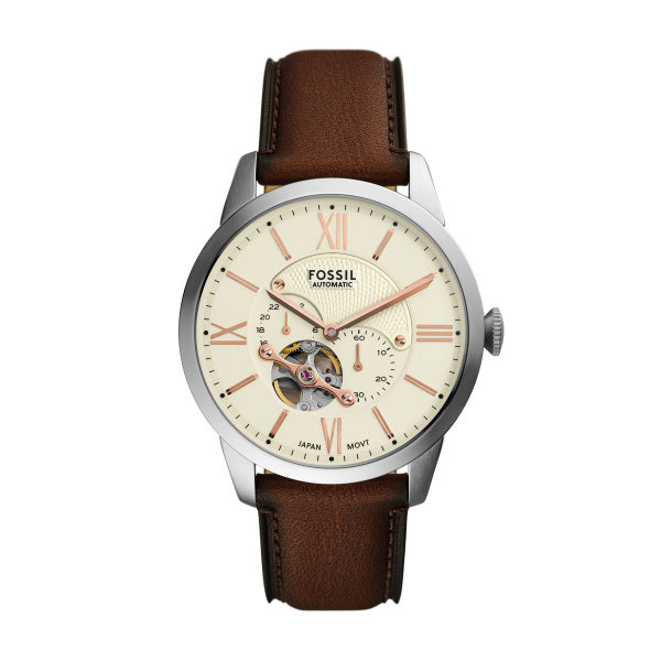 Fossil Townsman Automatik 44 MM Herrenuhr in Silber Creme Braun, Lederband - ME3266
