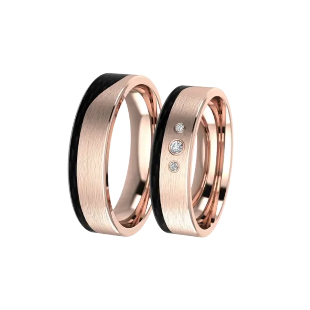 Gelbgold / Carbon Trauringe mit 3 Diamanten - 1227/1228
