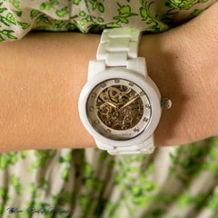 Residence Automatik Damenuhr Keramik in Weiss mit Diamanten und Perlmutt