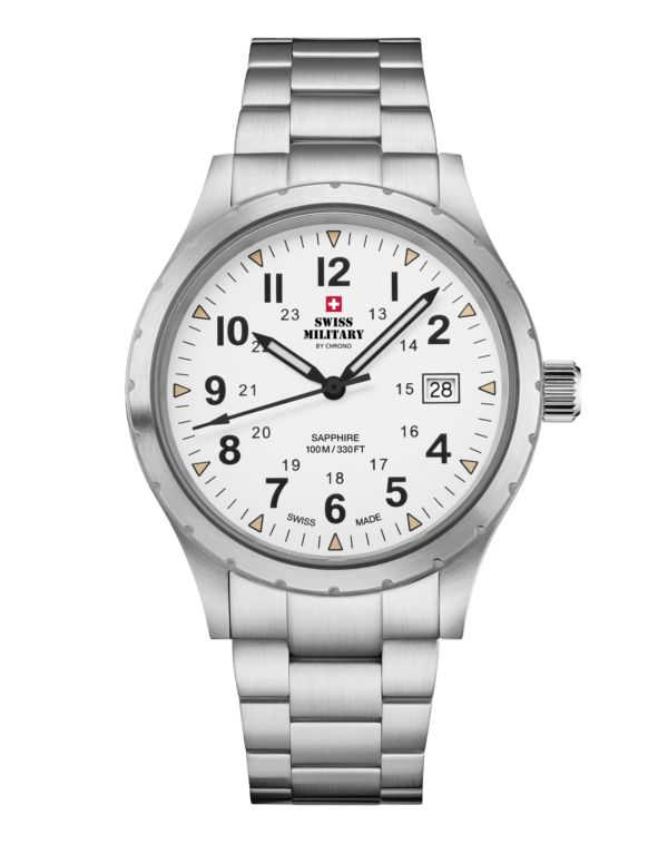 Swiss Military Klassische Uhr im Armeestil, weisser Stahl - SM34108.02
