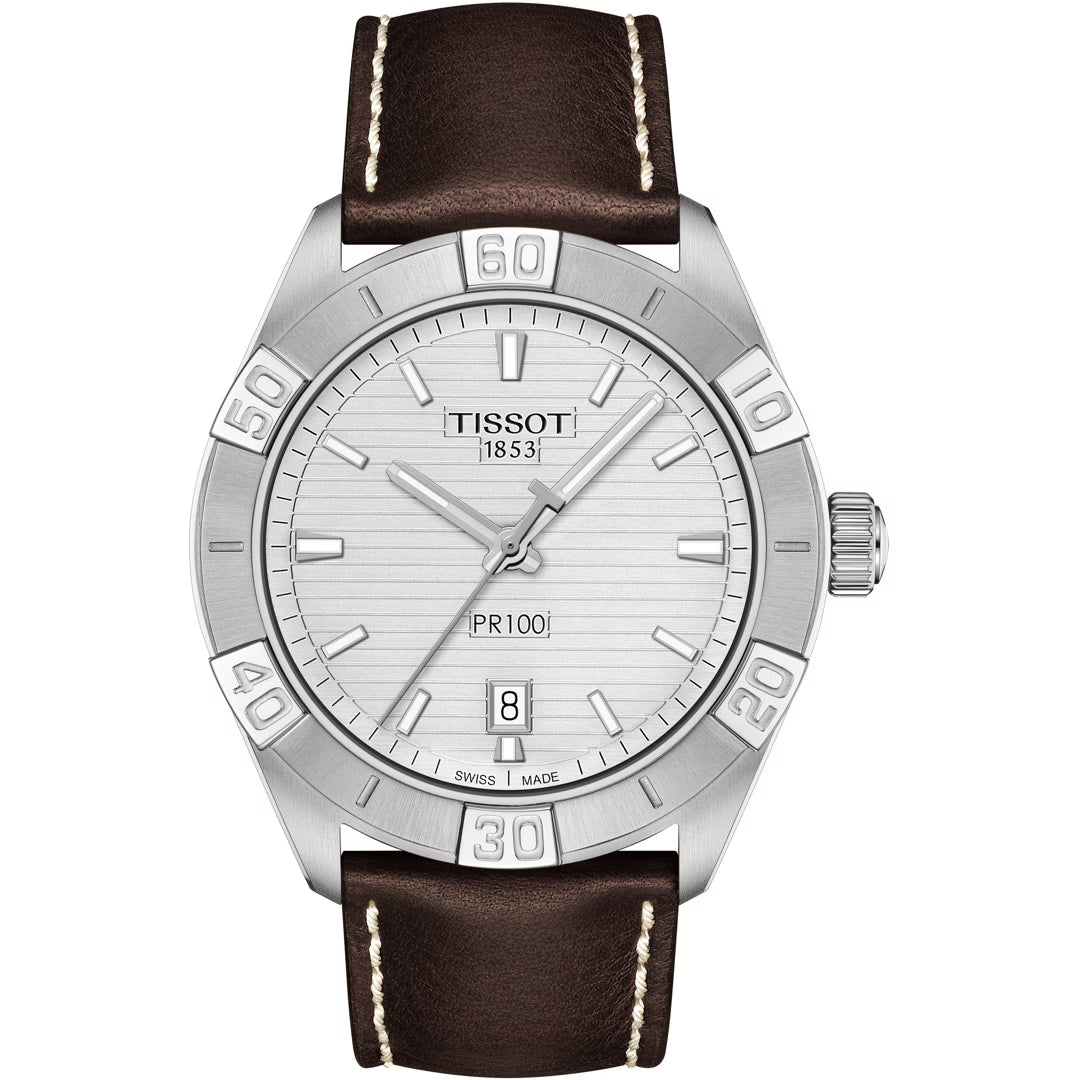 Tissot PR 100 Sport Gent Herrenuhr 42 mm Silber mit braunem Lederarmband