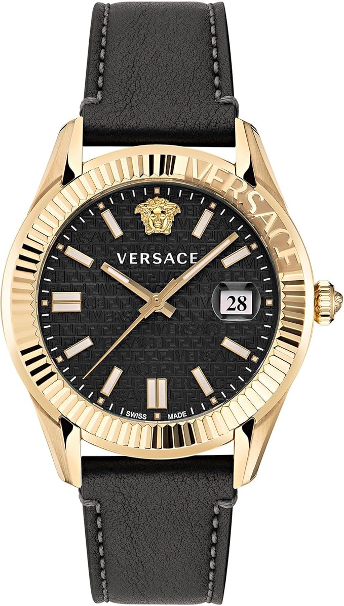 Versace Greca Time Herren Lederuhr Schwarz Gold