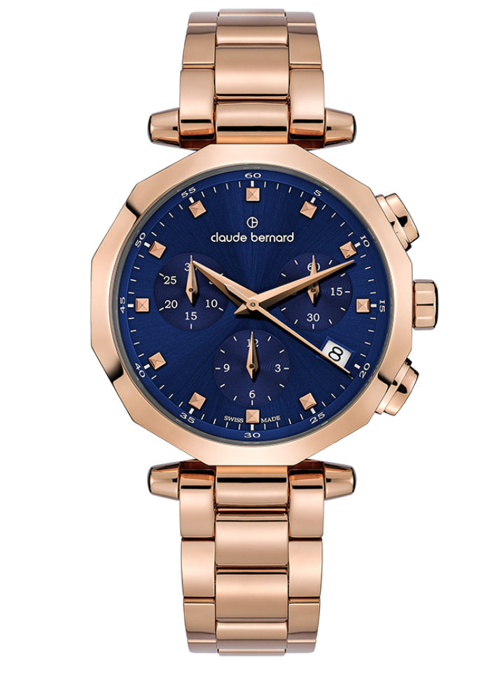 Claude Bernard Dress Code Damen Chronograph Blau Roségold 36 mm