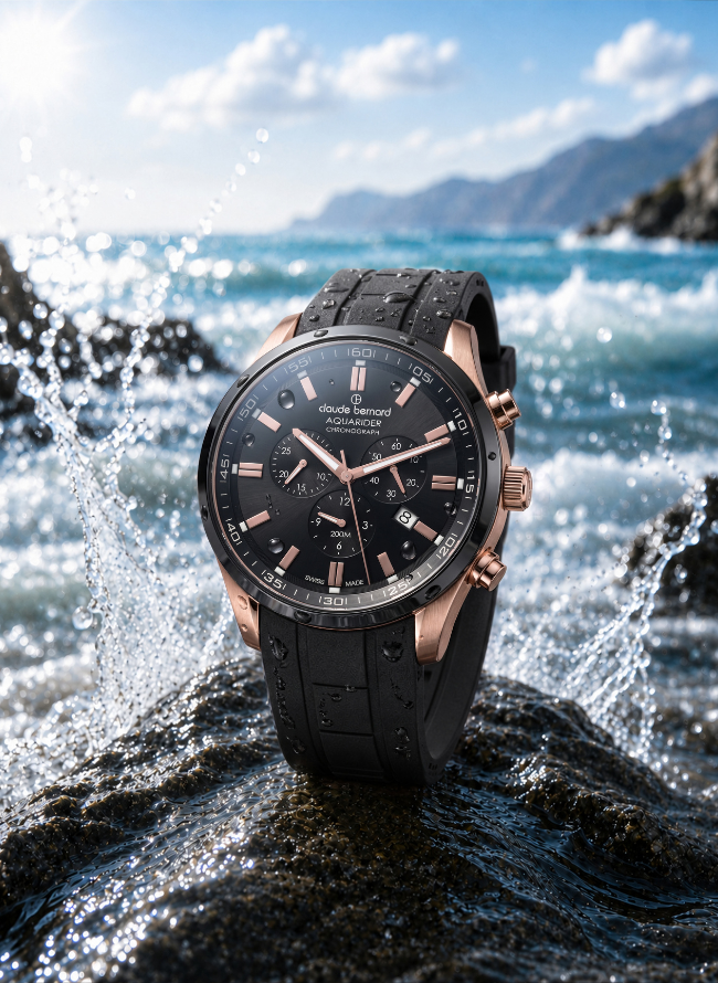 Claude Bernard Aquarider Herren Chronograph Schwarz Roségold 44 mm