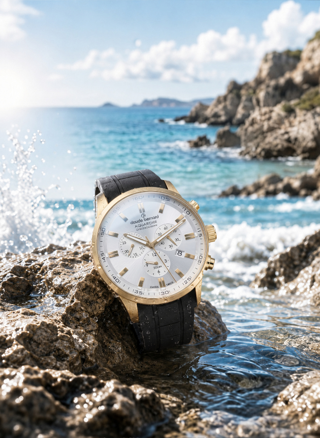 Claude Bernard Aquarider Herren Chronograph Silber Gold 44 mm