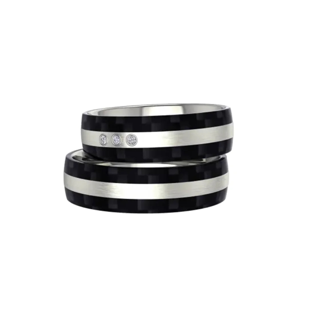 Weissgold / Carbon Trauringe mit 3 Brillanten - 1229/1230