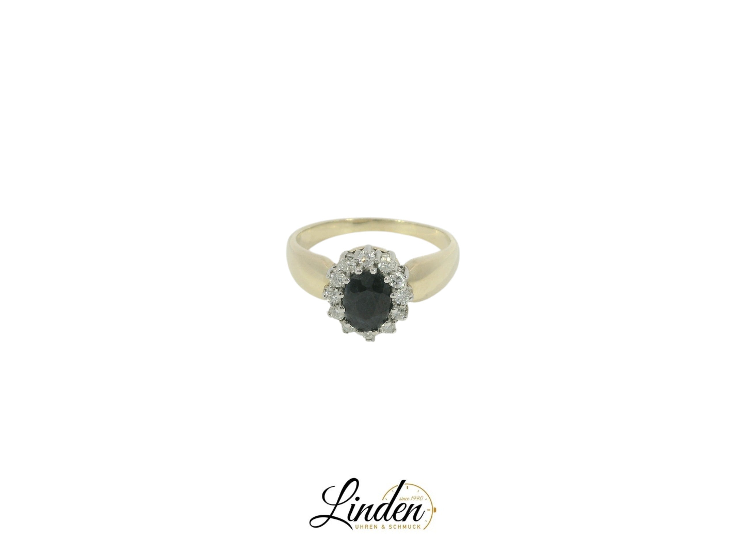 18K Gelbgold - 750 Ring 5.9gr mit Saphir &amp; 12 Diamanten