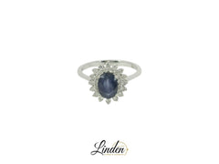18K Weissgold - 750 Ring 2.6gr mit 31–32 Diamanten & Saphir