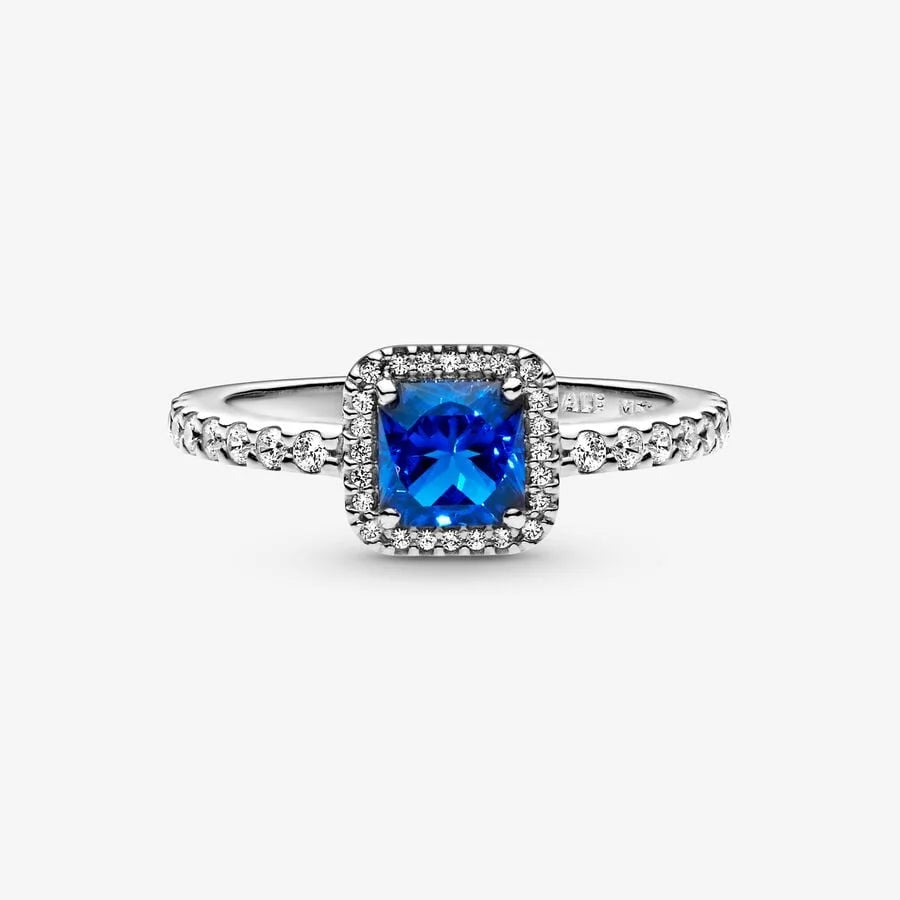 Pandora Ring: Blauer Quadrat-Strahlenkranz - Sterling-Silber