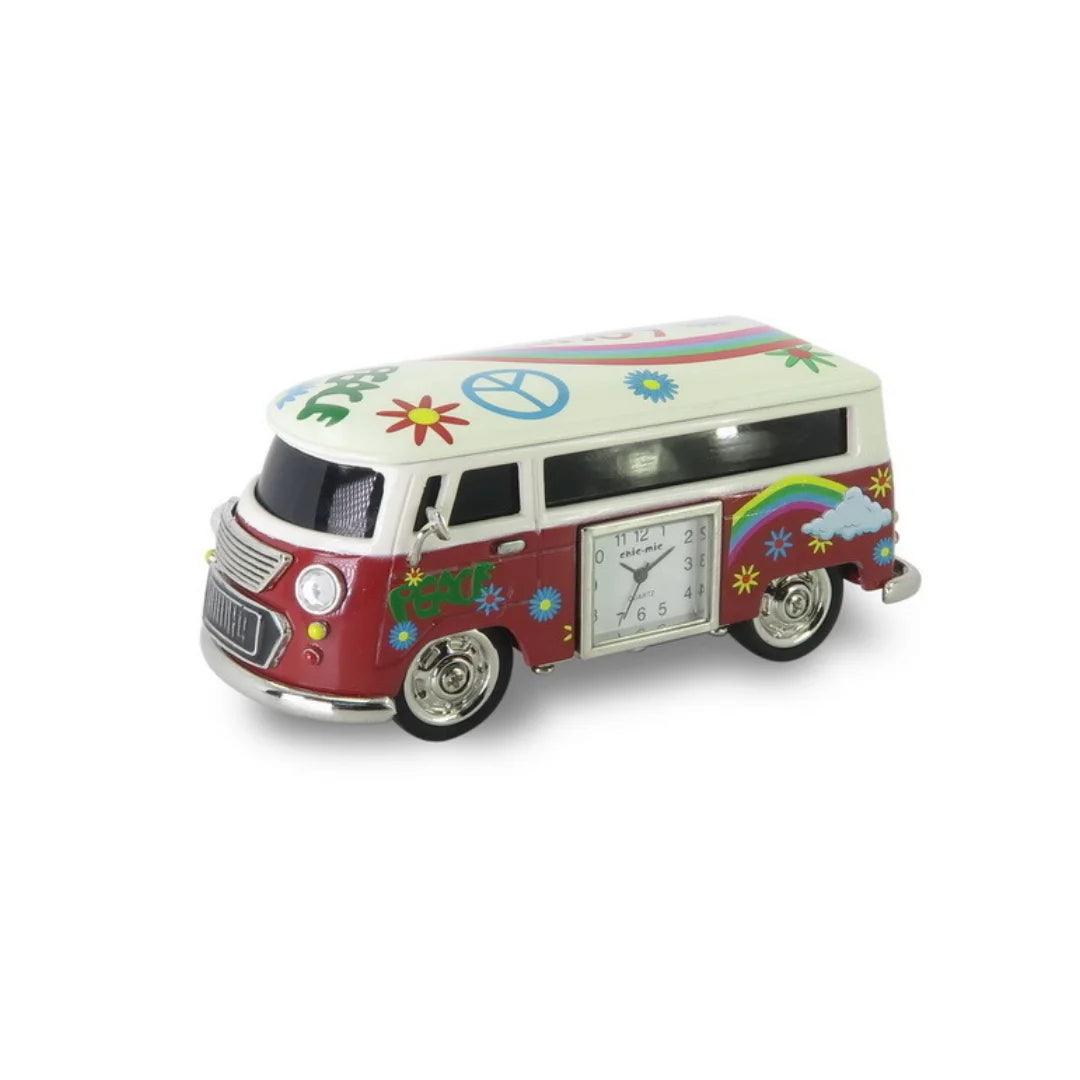 Miniaturuhr Hippie Bus in Rot: Quarz, 4.5×10.5 cm