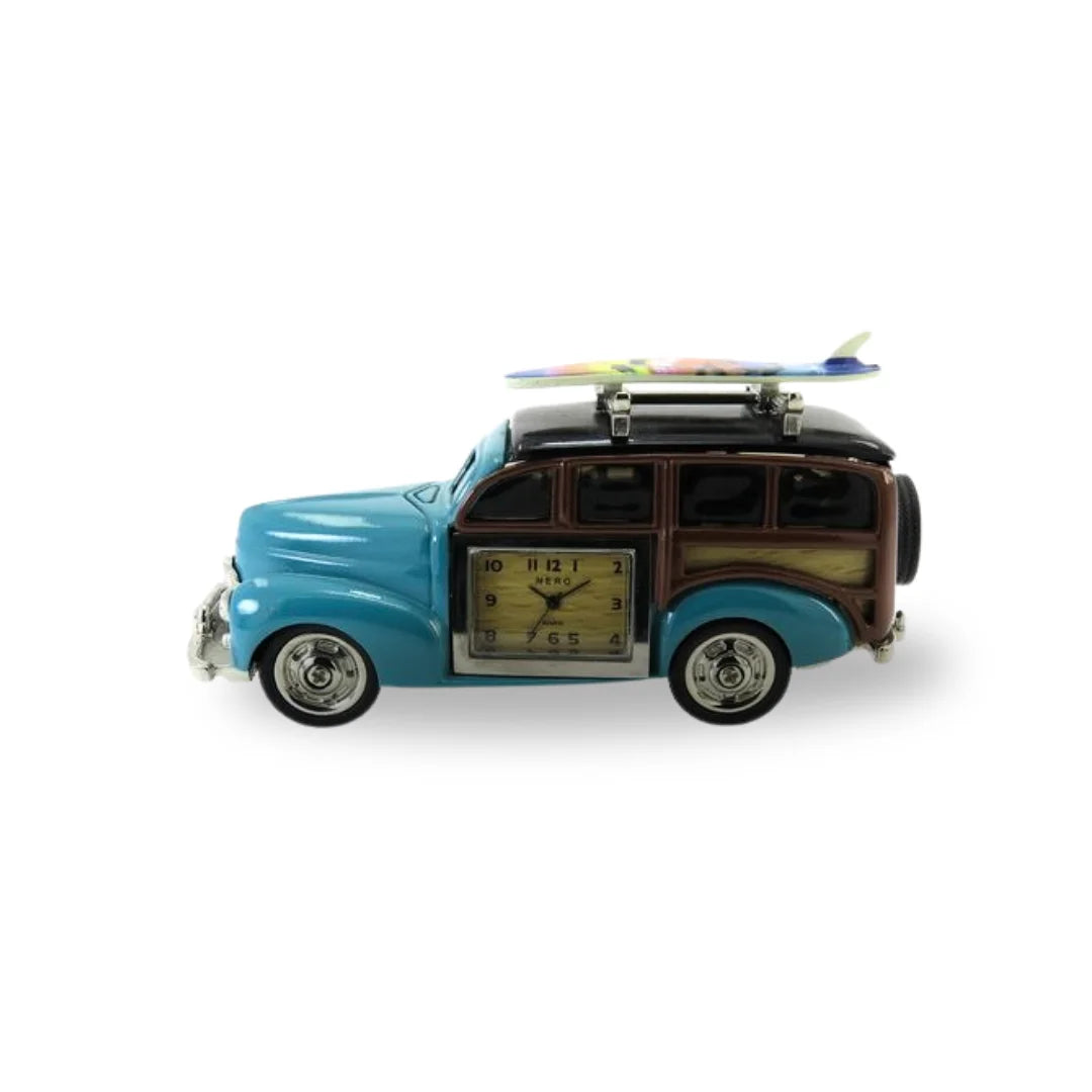 Miniaturuhr Truck & Surfbrett in Blau: Camper, Quarz, 10×5 cm