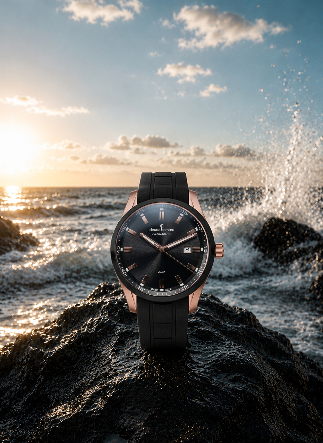 Claude Bernard Aquarider Herren Datum Schwarz Roségold 42 mm