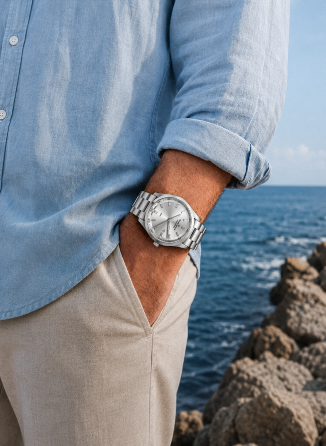Claude Bernard Aquarider Herren Taucheruhr Silber 42 mm
