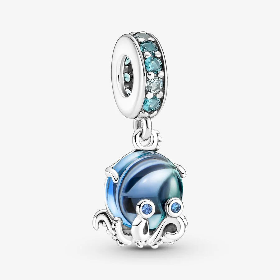 Pandora -Anhänger: Süsser Oktopus - Sterling-Silber, Blau, Murano-Glas