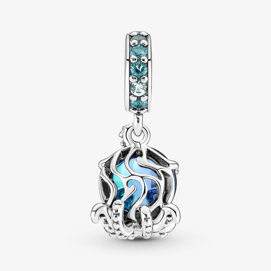 Pandora -Anhänger: Süsser Oktopus - Sterling-Silber, Blau, Murano-Glas