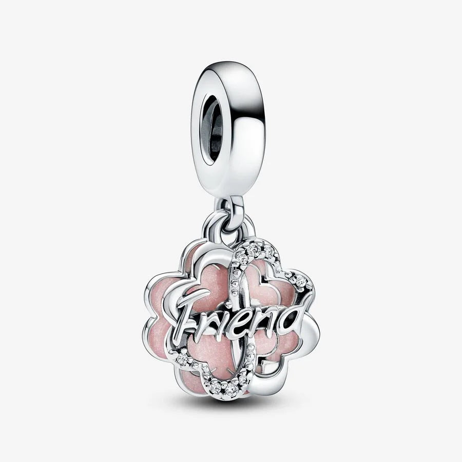 Pandora Doppelter Charm: Vierblättriges Kleeblatt Freundschaft - Rosa Emaille