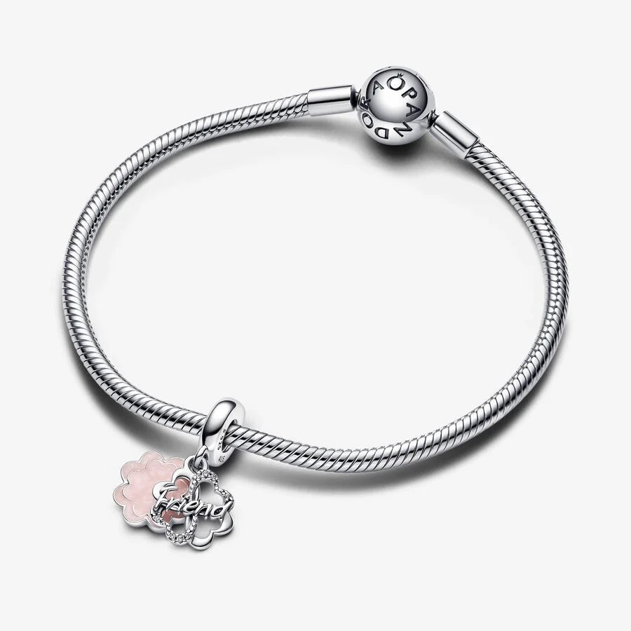 Pandora Doppelter Charm: Vierblättriges Kleeblatt Freundschaft - Rosa Emaille