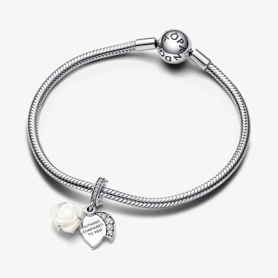 Pandora Doppelter Charm-Anhänger: Weisse Blühende Rose - Sterling-Silber