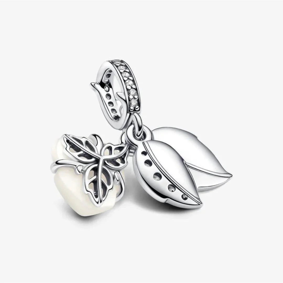 Pandora Doppelter Charm-Anhänger: Weisse Blühende Rose - Sterling-Silber