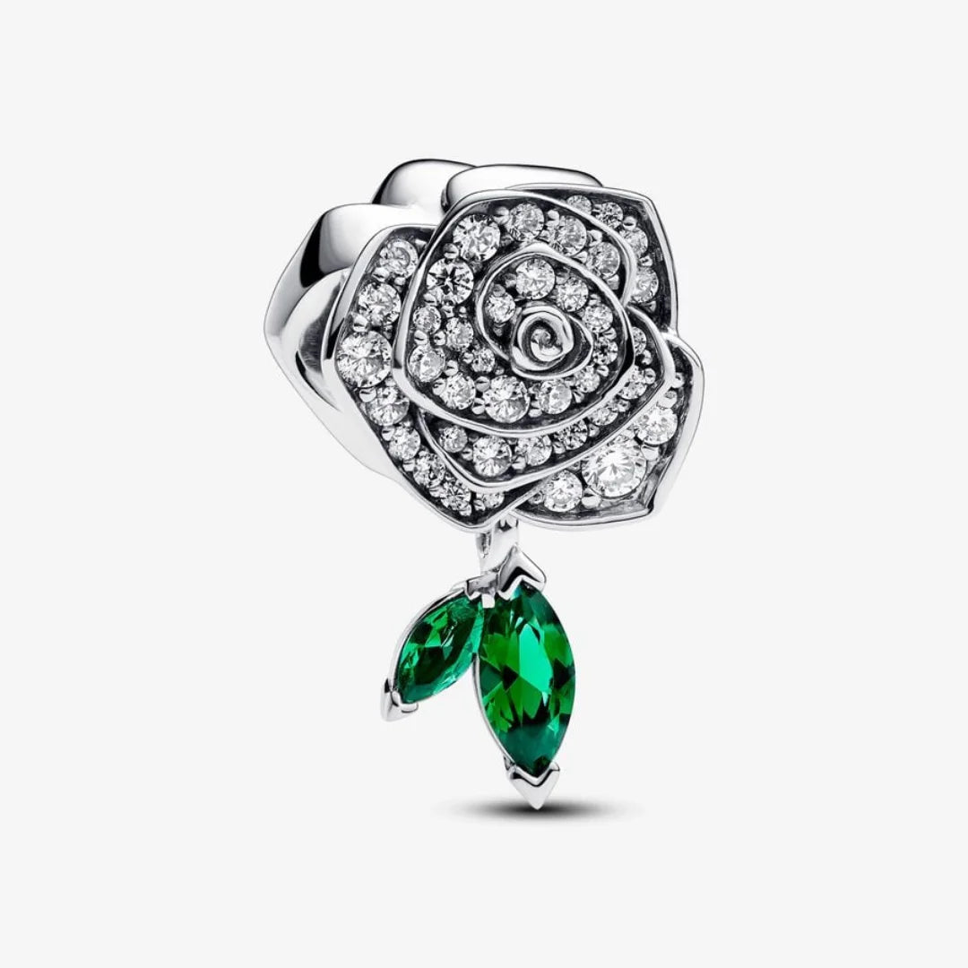 Pandora Charm: Funkelnde Blühende Rose - Grün, Sterling-Silber