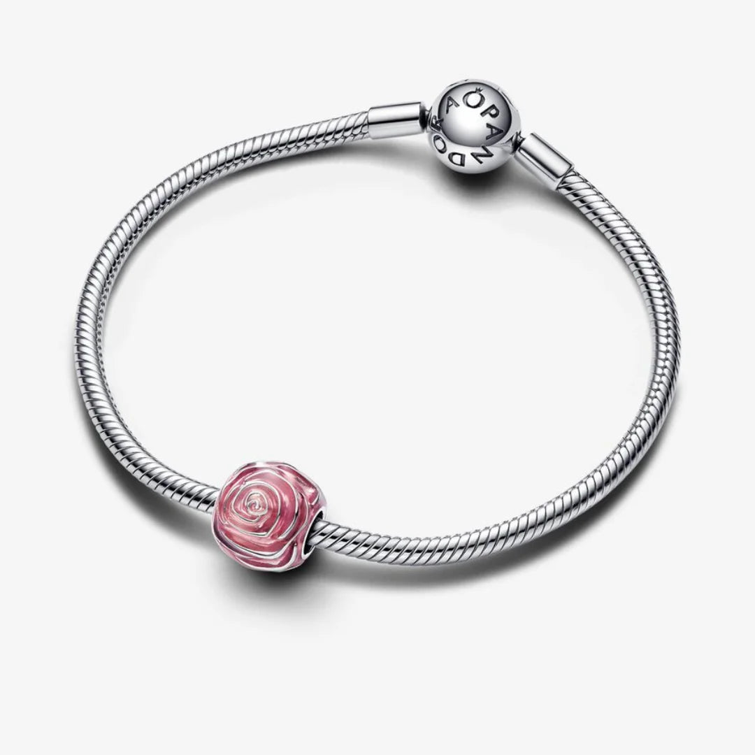 Pandora Rosa Charm: Rosafarbene Blühende - Rosa Emaille,  Sterling-Silber