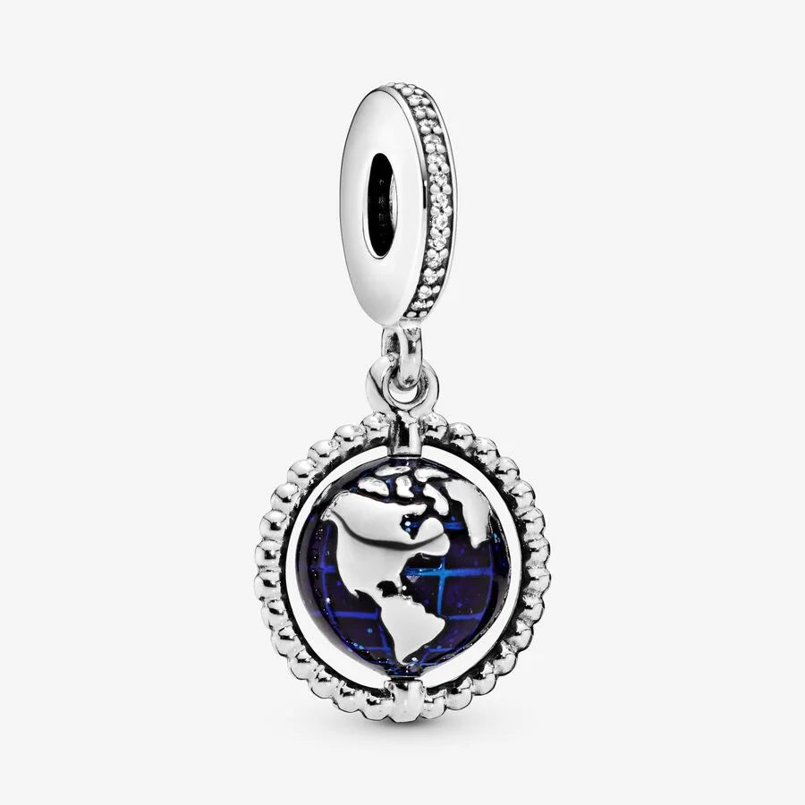 Pandora Charm-Anhänger: Rotierende Weltkugel - Cubic Zirkonia, Blau Emaille