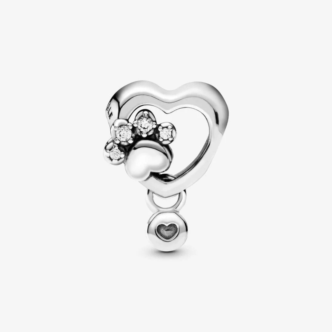 Pandora Herz Charm mit Hundepfotenabdruck - Cubic Zirkonia, Sterling-Silber