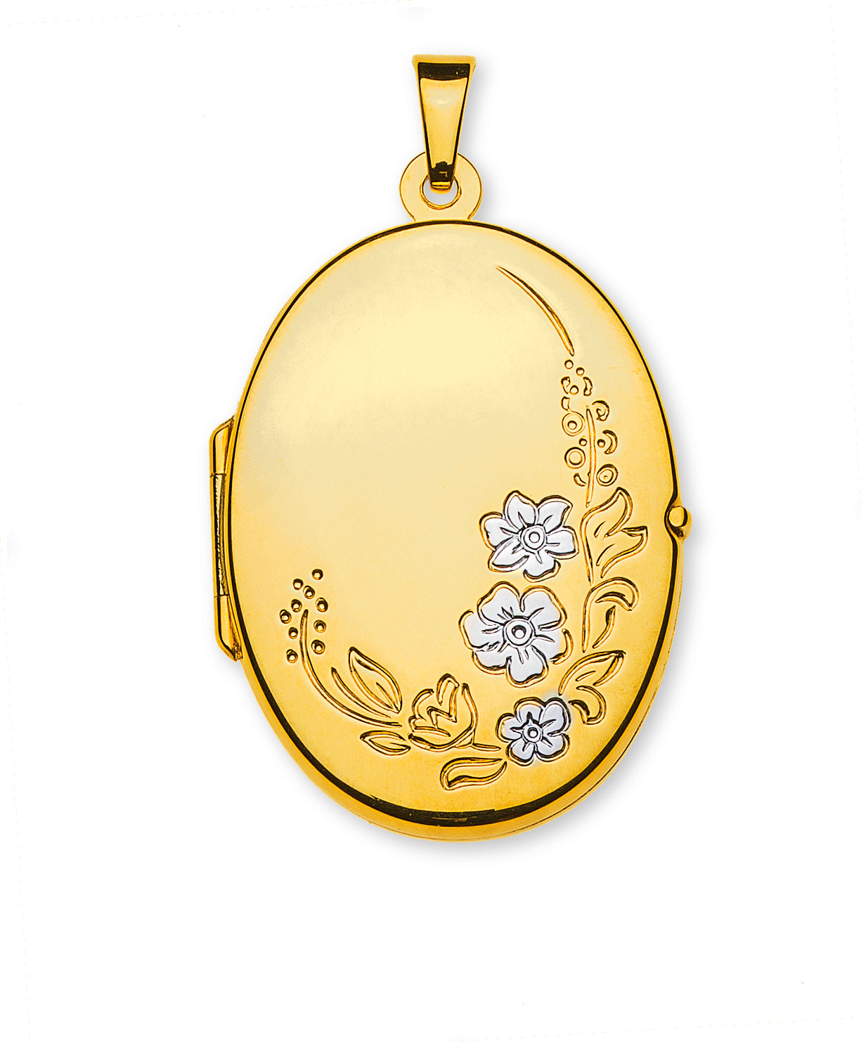 Anhänger Medaillon Gelbgold 750 oval mit rhodinierten Blumen