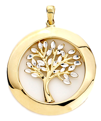 Anhänger Lebensbaum rund diamantiert rhodiniert 25mm Gelbgold 750