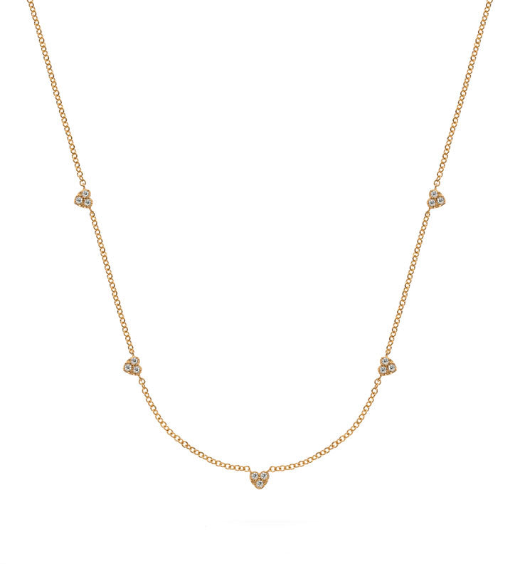 Collier Gelbgold 750 mit 5 Herzanhängern Pavé 15 Brillanten 0.17 ct.