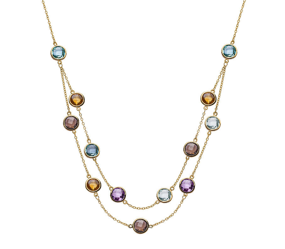 Collier Gelbgold 750 mit Amethyst, Citrin, Blautopas, Rauchquartz 45cm
