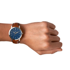 Fossil MINIMALIST Herrenuhr Silber Blau Braun Leder 44 mm Quarz 3-Zeiger - FS5304