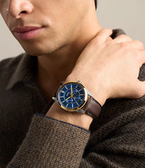 Fossil Pearson Multifunktion Herrenuhr Bicolor Gold/Silber mit blauem Zifferblatt und braunem Lederarmband 42 mm – FS6195