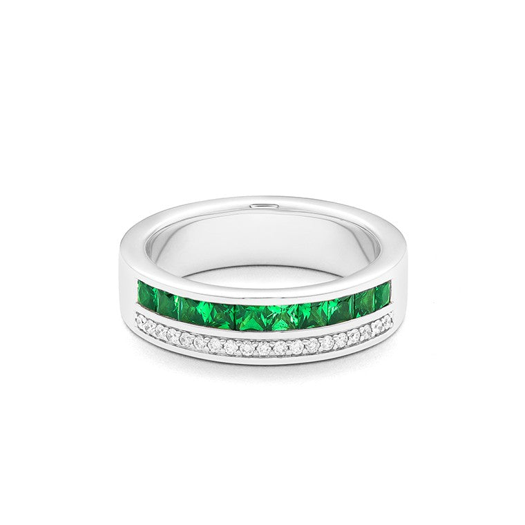 Facet Halbgefasster 18 Karat Weissgold Tsavorit Memoire Ring mit Diamanten