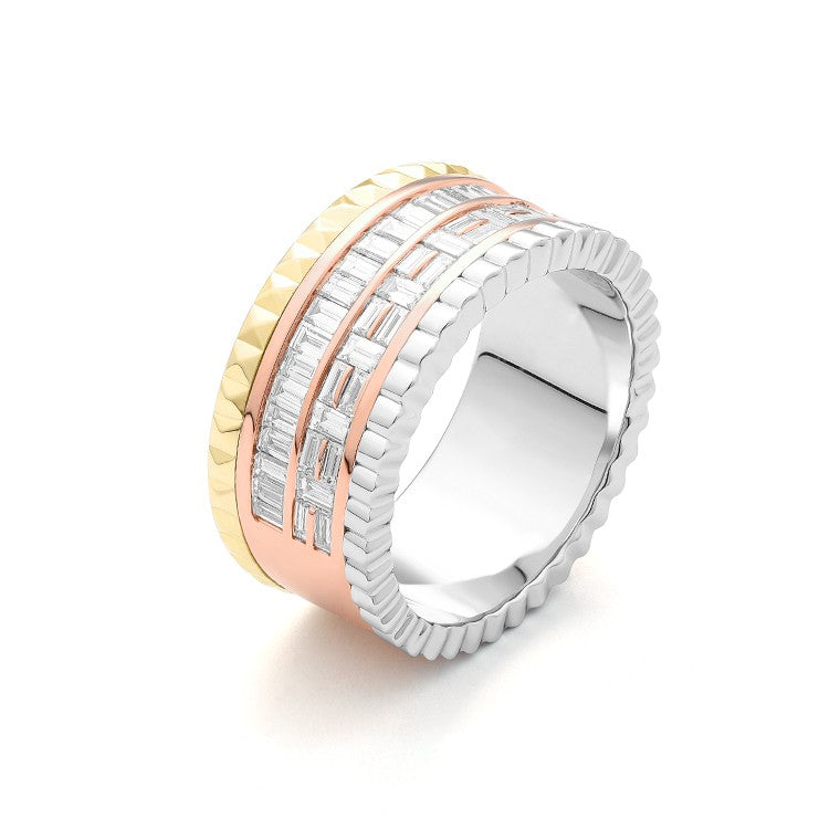 Facet Cnc Ring halbgefasster Memoirering mit Diamanten in 18 Karat-750 Tricolor