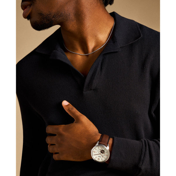 Fossil Townsman Automatik 44 MM Herrenuhr in Silber Creme Braun, Lederband - ME3266